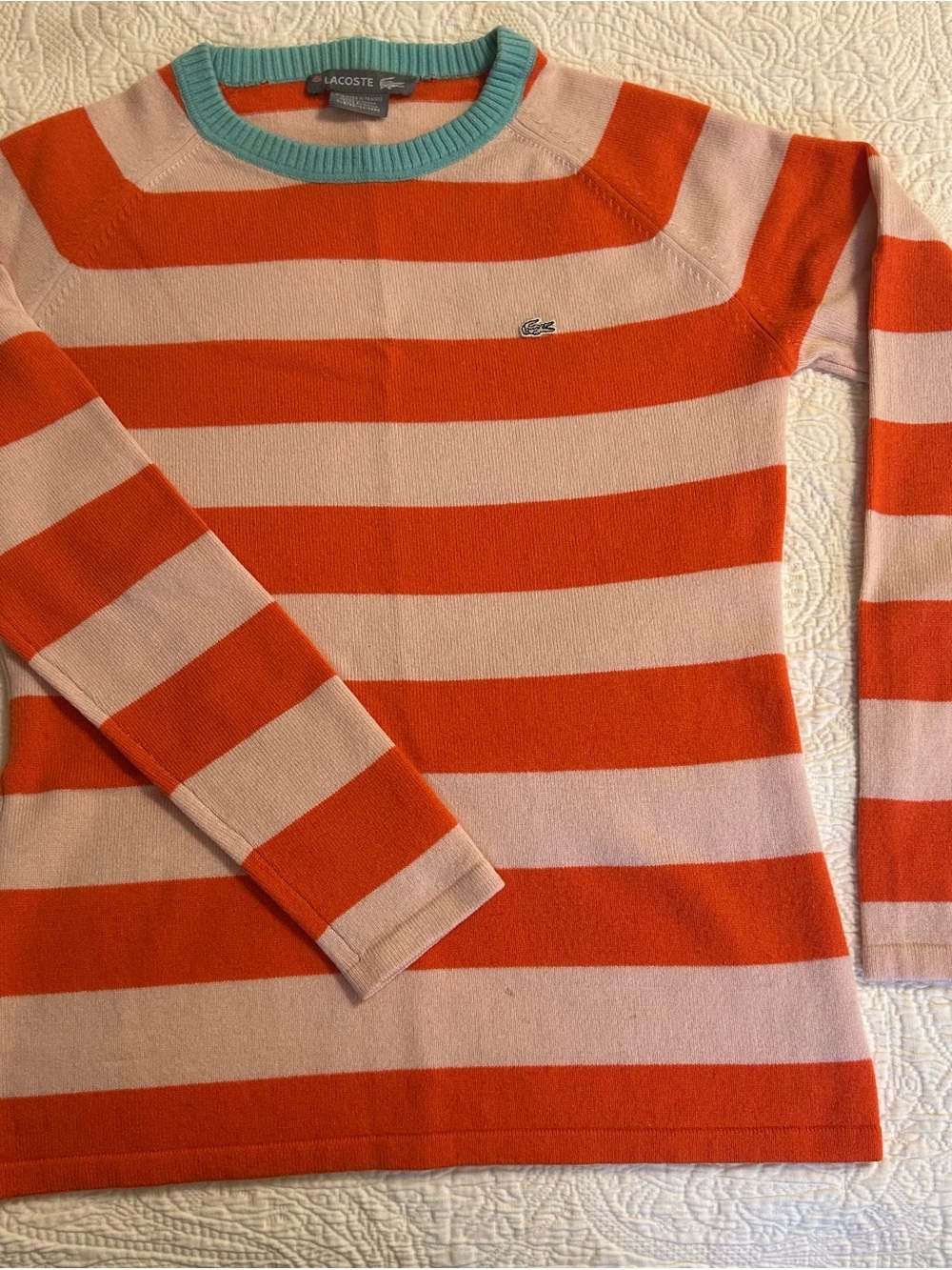 Lacoste Women’s Crewneck Striped Sweater in Orange and Light Pink
